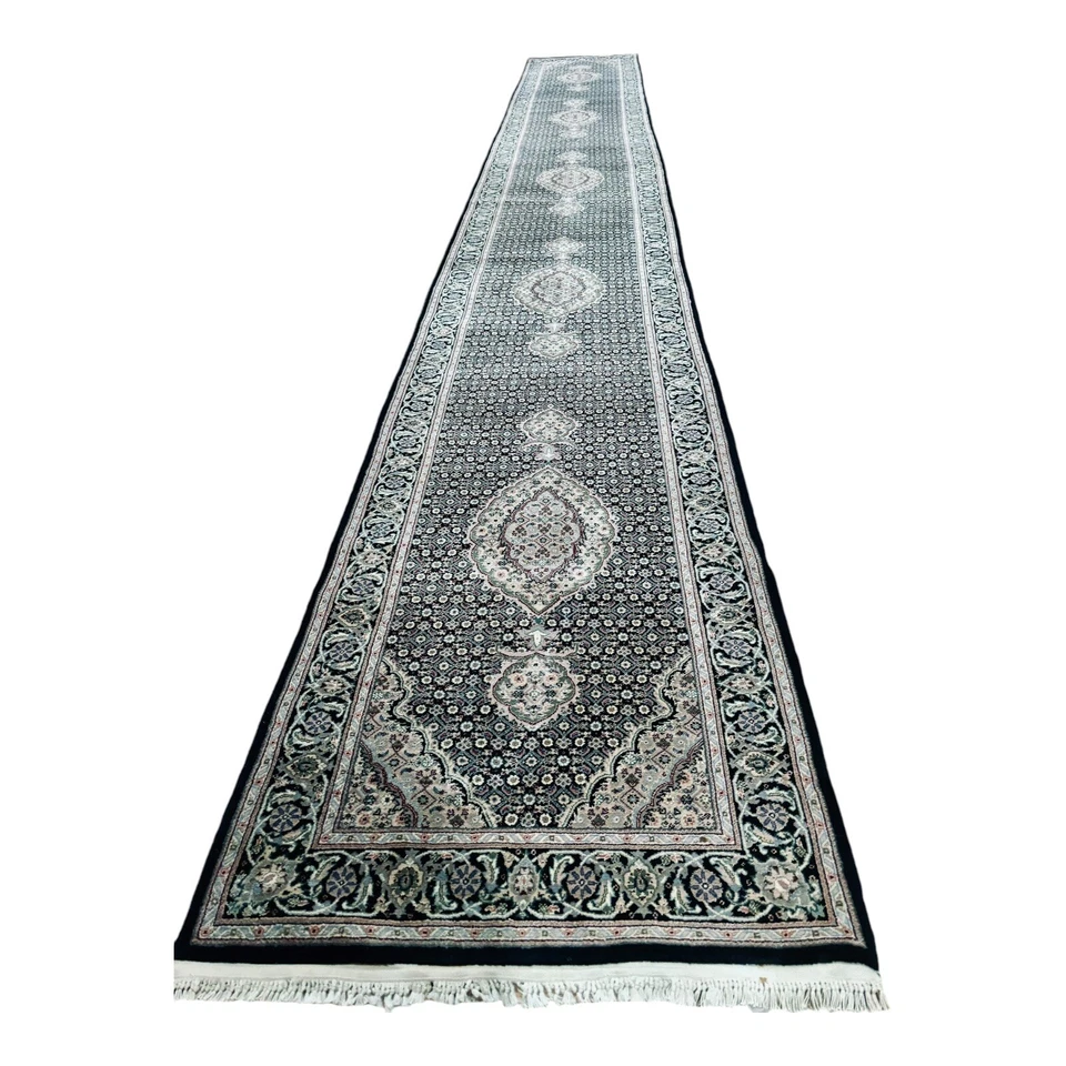 20' Длинный бегун качества ручной работы шерсти/шелка черный слоновой кости светло-синий красный Mahii ковер! - Изображение 2 из 4