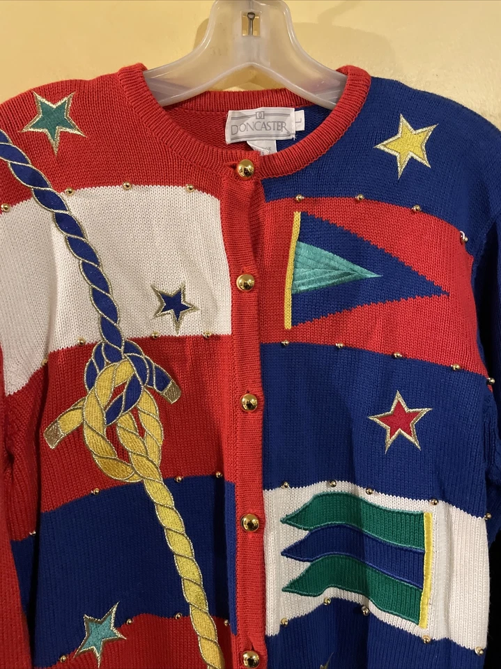 Vintage Y2K Womens Knitted Cardigan Sailing Boat Sweater Vest Sz L Doncaster - Image 2 of 4