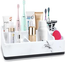 Toothbrush Holder,Bathroom Organizer Countertop, 7 Compartments White Marble