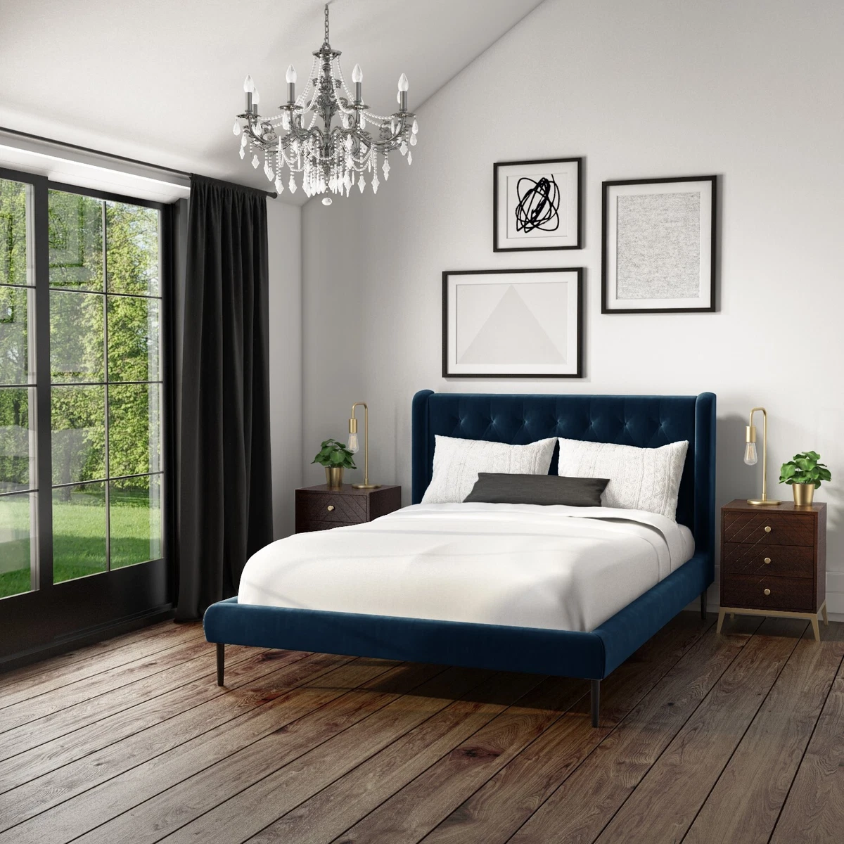 GRADE A1 Amara Double Bed Frame in Navy Blue Velvet with Quilted Hea A1 AMR003