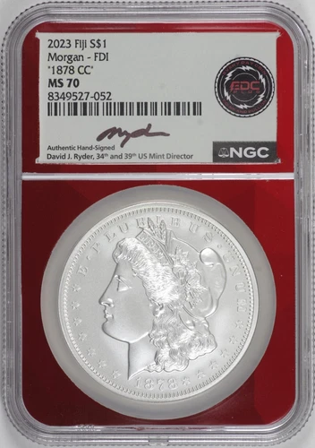 "1878-CC" Morgan Dollar 2023 Fiji 1 oz Silver NGC MS70, Ryder Label [BN052]