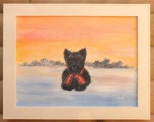 Scottish Terrier Scottie Dog Winter Sunset Original Framed Painting Andi Lucas