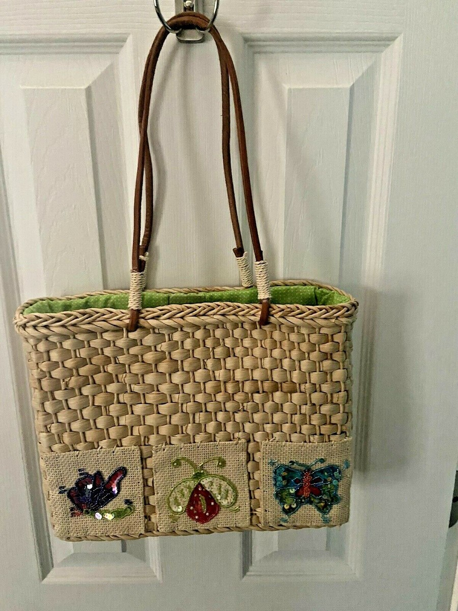 Quacker Factory Butterfly Sequin Beaded Straw Bag Corn Husk Handbag Purse EUC