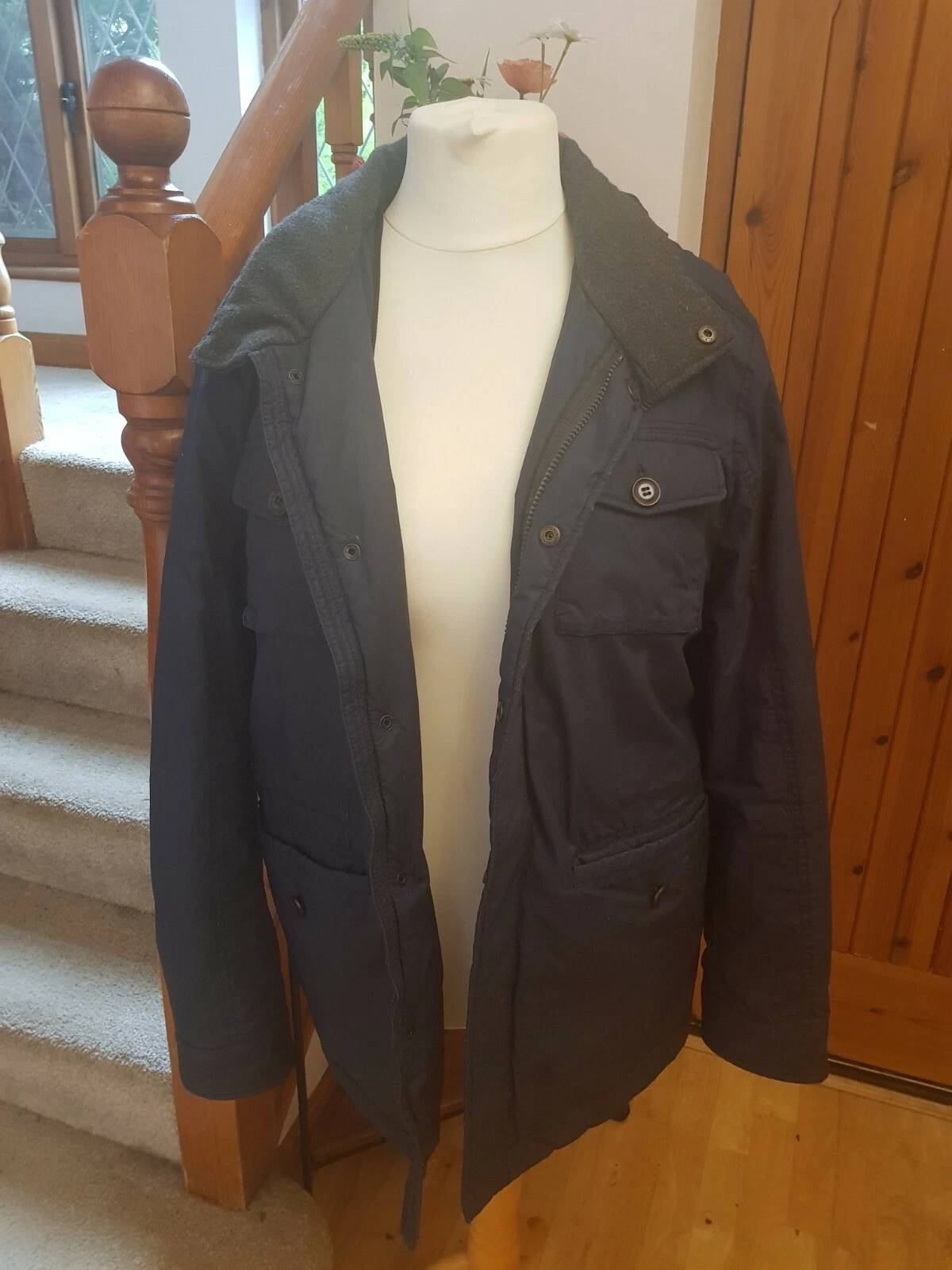 MEN'S ANORAK JACKET SIZE MEDIUM NAVY BLUE FLEECE COLLAR WARM LIGHTWEIGHT POCKETS