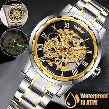 Men's Stainless Steel Luxury Gold Tone Skeleton Automatic Mechanical Wrist Watch