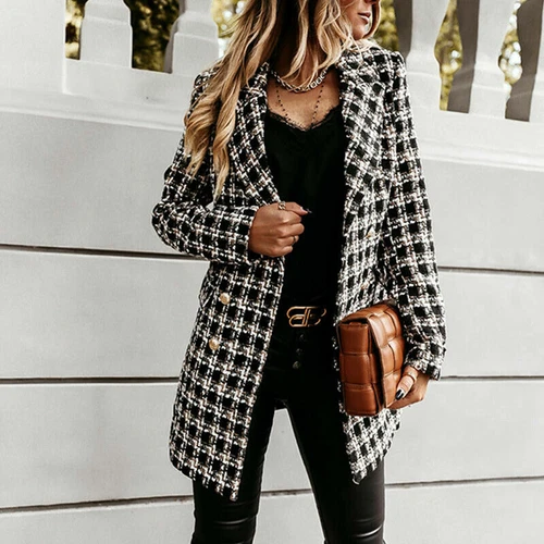 Women's Stylish Check Print Wool Blazer Coat Ladies Long Sleeve Collared Jacket - Picture 48 of 52