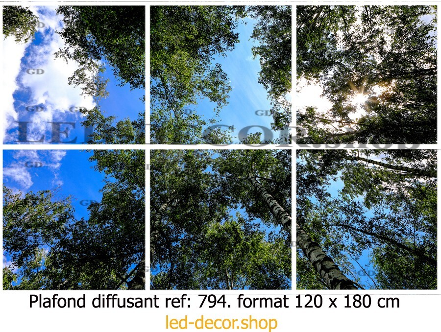 Plafond décoratif diffusant imprimé ciel bleu arbres 794 panneau lumineux 120x180 cm