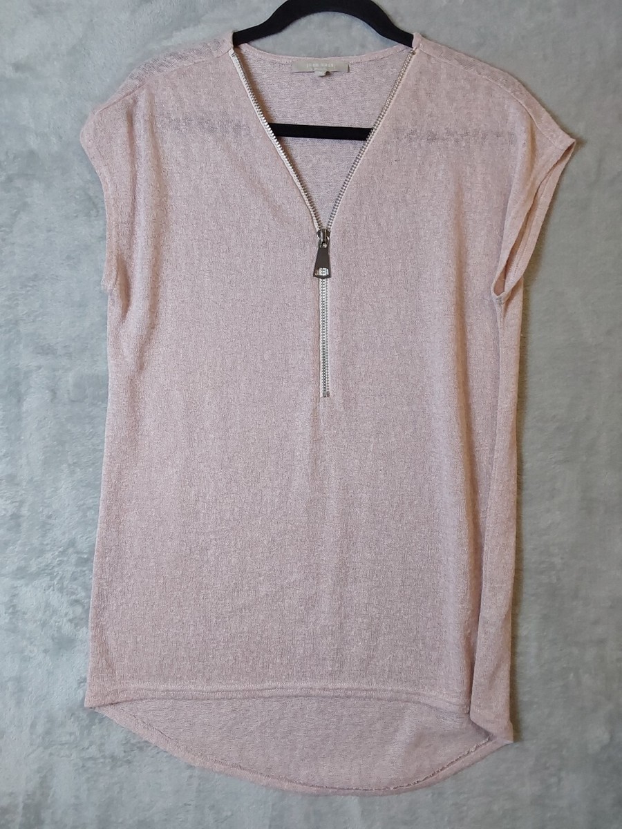Top Tricoté Joan Vass - Col V Fermeture éclair - Rose Clair Taille M - Occasion Très Bon état