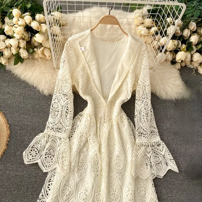 Lace hollow flared clearance sleeves evening dress