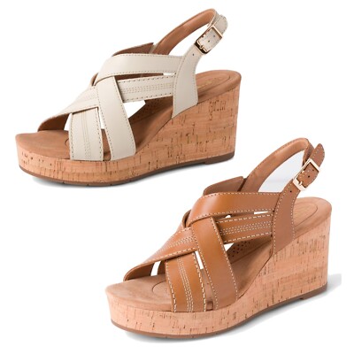 Ladies Clarks 'Sabina Sling' Casual Leather Wedge Heel Sandals E Fitting  UK