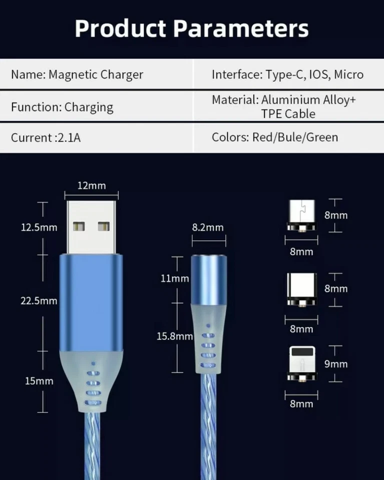 LED 3 in 1 Magnetic Charger Cable Fast Charging USB 2.4A For UNIVERSAL mobile  - Image 4 of 4