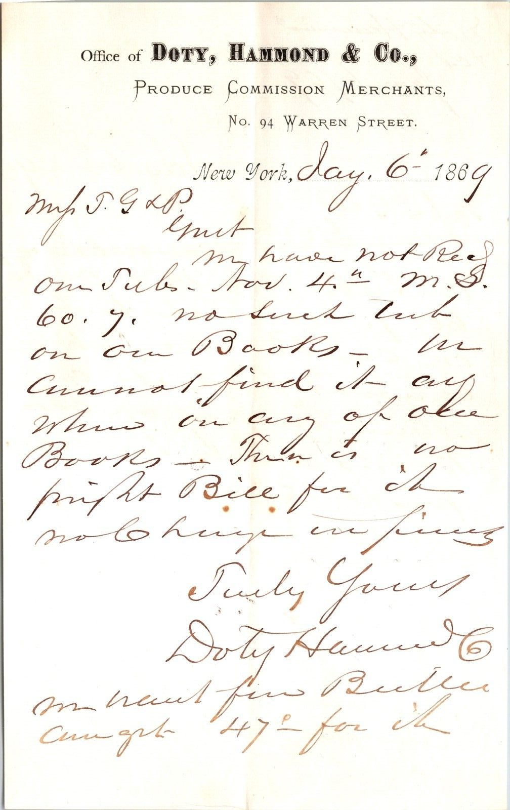 Doty & Hammond New York NY 1869 Billhead Produce Merchants eBay