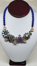 Lia Sophia Flower Bid Necklace Multicolor Rhinestone Lucite Signed 14" Adjust