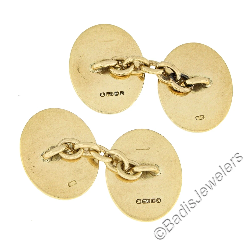 Gemelos con borde de esmalte verde cabeza de caballo DETALLADOS de oro amarillo de 18k inglés para hombre Foto 3 de 4