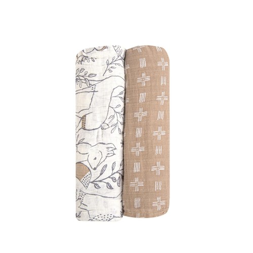 100% Cotton Muslin Swaddle Blankets, Set of 2, 47" x 47", Boho Woodland Baby,...