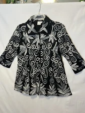 Women Parsley & Sage Sutache Black Mesh  Silver Embroidered Button Down Cardigan