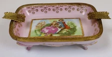 Ashtray, Footed Porcelain, Hand Painted Gold Gilding Trim, Metal Rests and Rim