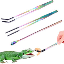 3 Pack Stainless Steel Reptile Feeding Tongs with Rubber Tip and Spoon, 10.6" St