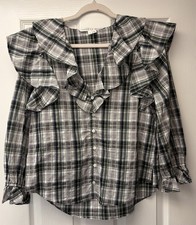 Veronica Beard Litha Blouse Black Plaid Ruffle V-neck Preppy Heritage Med Sz 10
