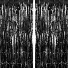 2 Pack Black Fringe Curtains Foil Shiny Fringe Backdrop Tinsel Door Streamers Fo
