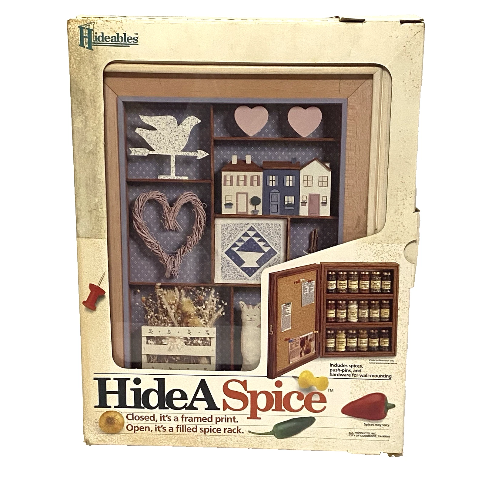 Vtg Hideables Spice Rack 18 Jars Photo Frame Cork Board Wall Mount Light Wood