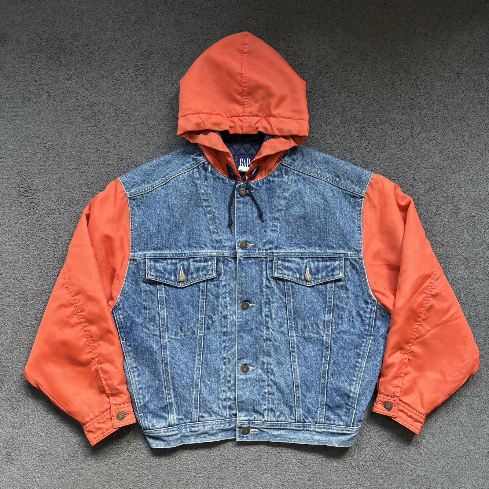 Vintage 90s GAP Denim Nylon Jacket Hooded Insulated Two Tone (M/L) Blue Orange