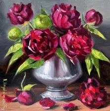 Original Floral Painting Oil Art BLOOMING PEONIES STILL LIFE 8x8 inch