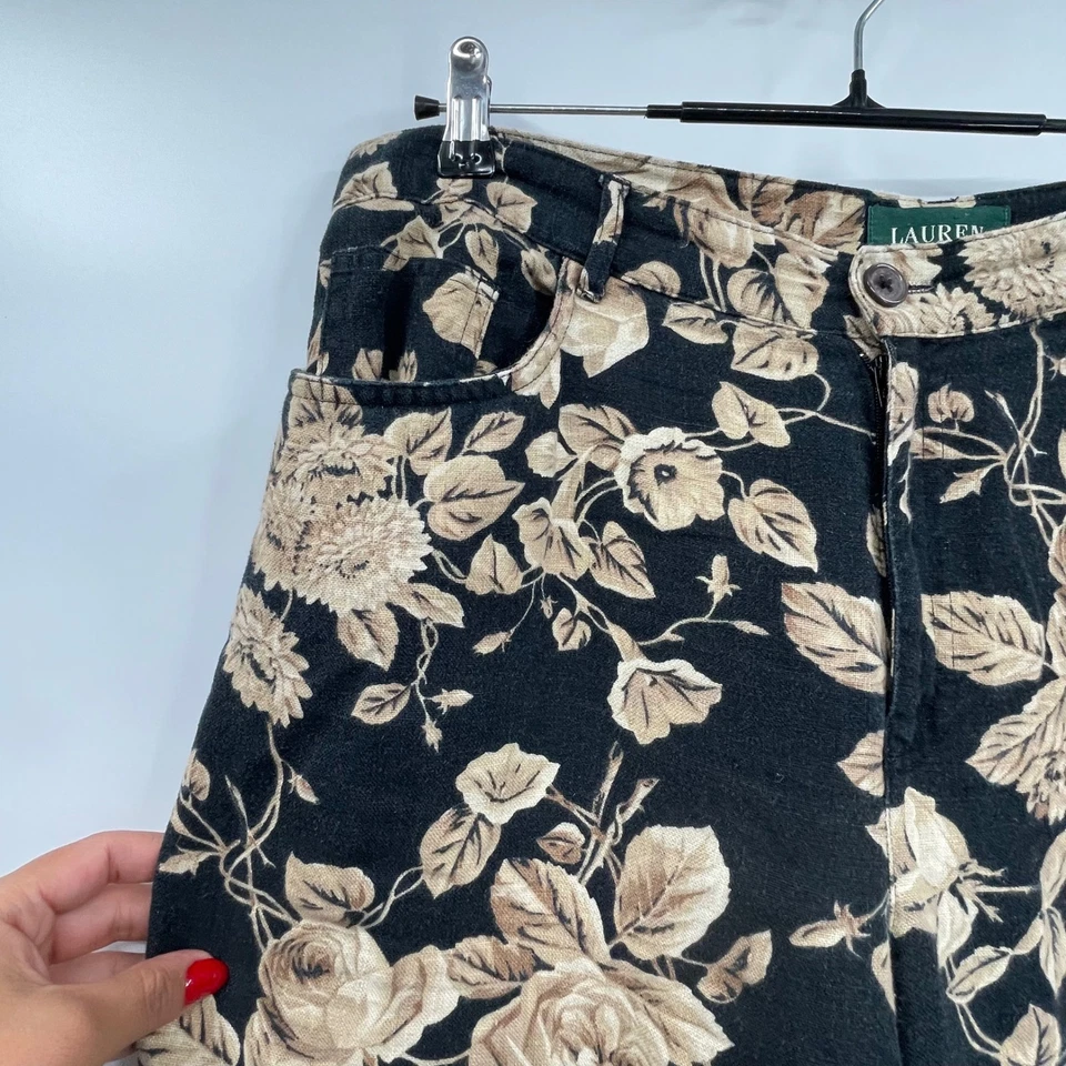 Pantalones florales de lino Lauren Ralph Lauren para mujer talla 14 negros beige Foto 2 de 4