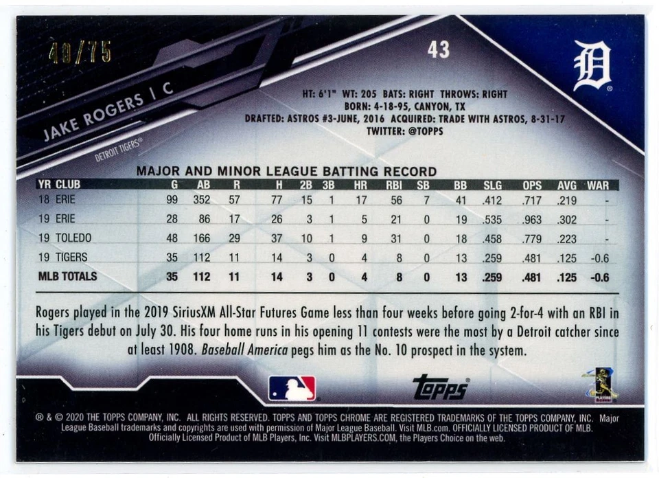 2020 Topps Chrome Black Blue Refractor Jake Rogers RC 40/75 Detroit Tigers #43 - Image 2 of 2