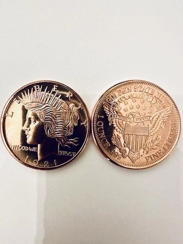 (Two) One Ounce .999 Fine Copper Coins Liberty Peace Golden State Mint