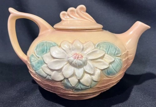 Vintage Hull Art Pottery TEAPOT + LID Water Lily ~ Cream Tan Brown