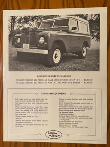 1960's Land Rover Deluxe Hardtop - 1 Page Sales Brochure - Includes Prices/Specs