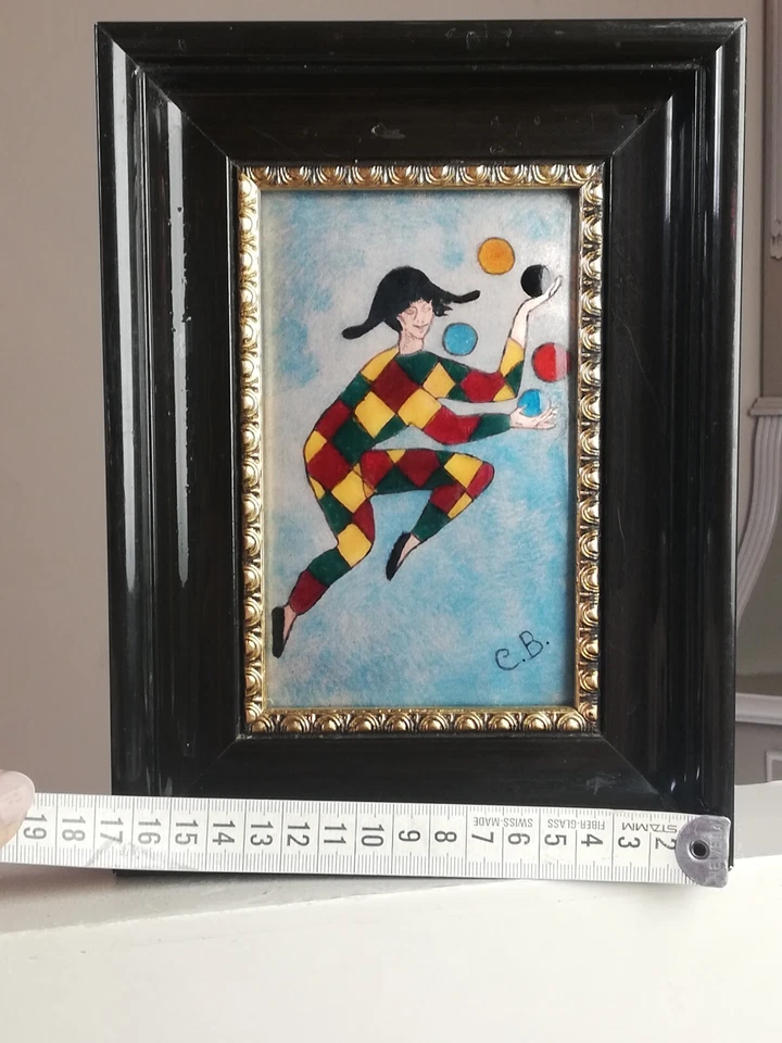 Tableau miniature Arlequin en émaux de Limoges Signé cadre en bois noirci  - Photo 4/4