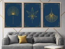 Set of 3 Prints- ART Deco Leaves Blue Gold Effect Line Print Wall Poster Gift 2