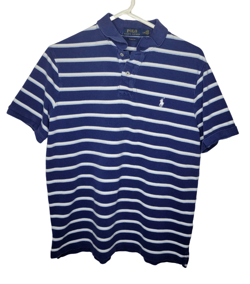 RALPH LAUREN POLO RN 41381 Blue White Stripes Pony Textured Golf Shirt Large L