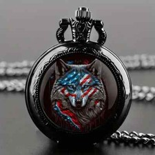 Classic Wolf And American Flag Design Pocket Watch Arabic Numerals Dial Gift