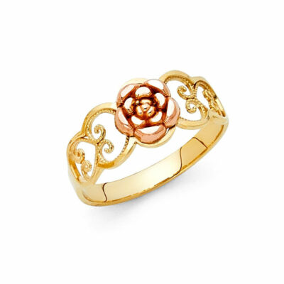 14 Karat echter massiver zweifarbiger Goldring 8 mm Blume Anillo Flor Oro Solido