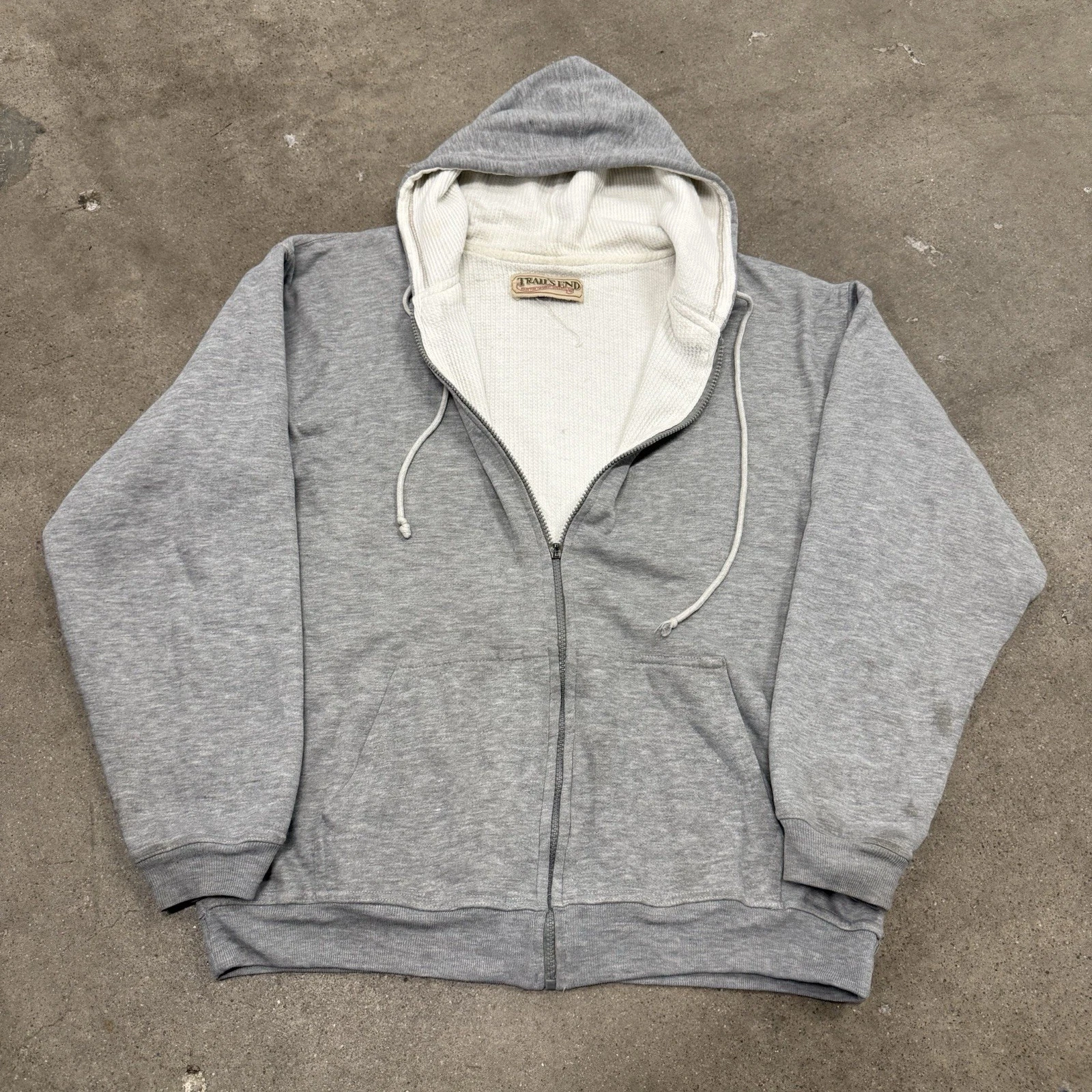 VINTAGE 90s TRAILS END THERMAL LINED BLANK FULL ZIP HOODIE GREY LARGE