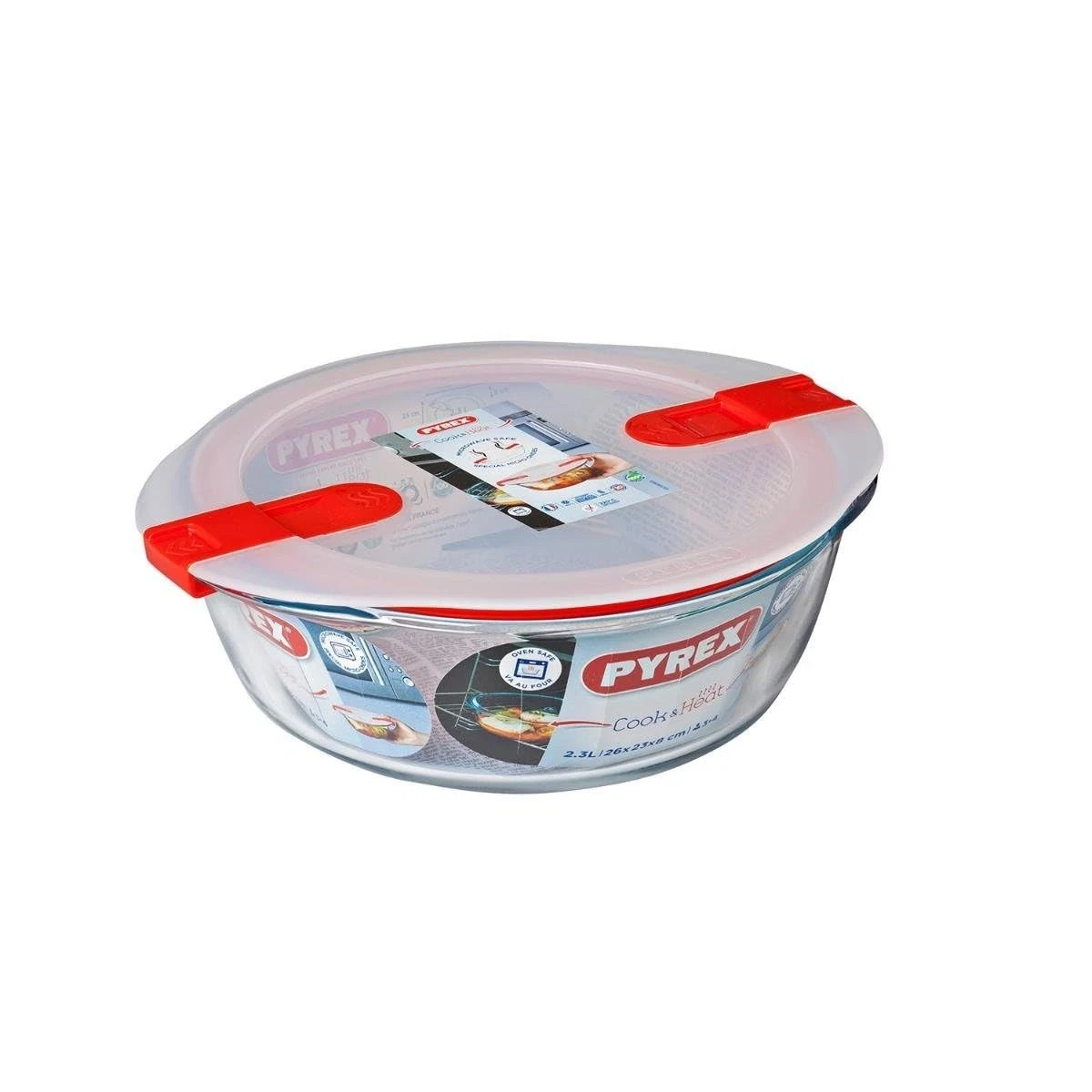 Round Glass Dish Pyrex Microwave Safe With Vented Lid 2.3L Decoloured Lid