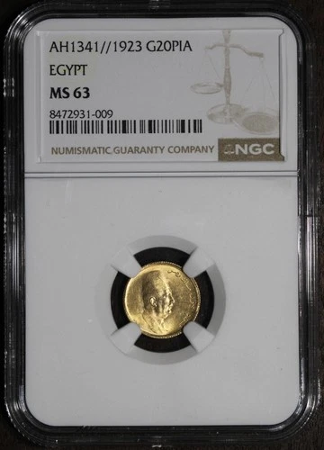 1923 (MS63) Egypt King Fuad Gold 20 Piastres NGC - Facing Right
