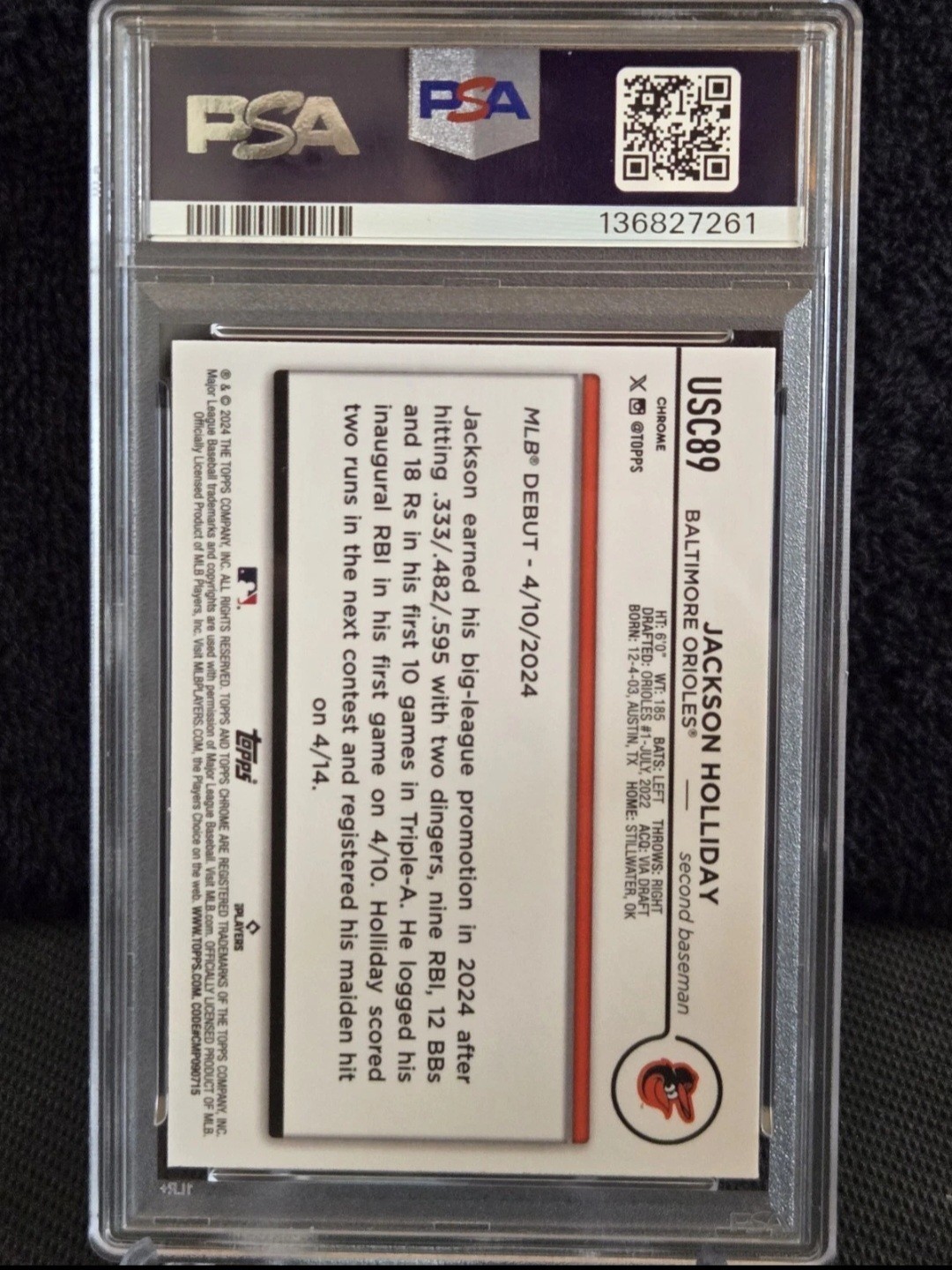 2024 Topps Chrome Update Jackson Holliday PSA 9 Negative Refractor Rookie SP view 2