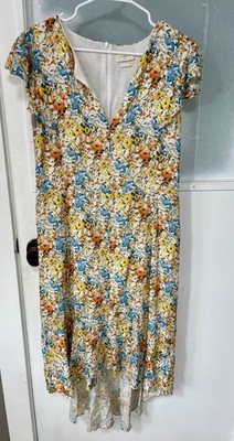 Rich & Royal Floral Maxi Dress Size 42 L Viscose V-Neck Flutter Sleeve High Low