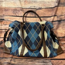 Lulu Dharma Argyle Duffle Bag Weekender Travel Shoulder Handbag Blue Cream Brown
