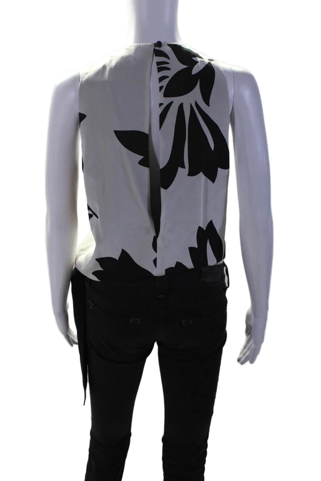 Blusa plisada con estampado floral negra blanca seda Robert Rodriguez para mujer talla 0 Foto 3 de 4