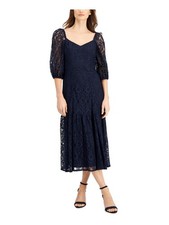 TAYLOR Womens Navy Lined Pullover 3/4 Sleeve Fit + Flare Dress 10