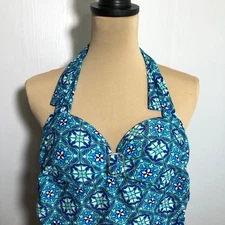 SPANX Assets Sara Blakely One Piece Swimsuit Medium Blue Fiesta Halter Ruched