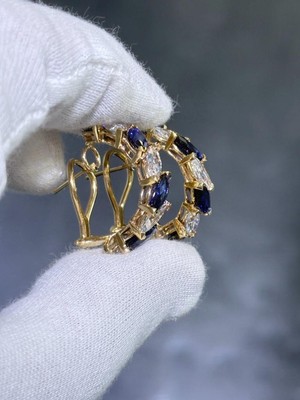 14k Oro Amarillo Imitación Diamante & Zafiro Azul Francés Espalda Aro Aretes