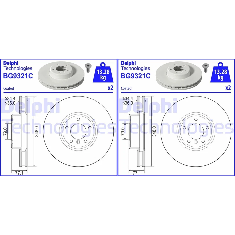 2X DELPHI Discos de Freno 348mm Ventilado Delant. Apto Para BMW 5 6 BG9321C - Imagen 2 de 3