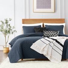 Navy Blue Queen Size Quilt Bedding Set with Pillow Shams, Lightweight Soft