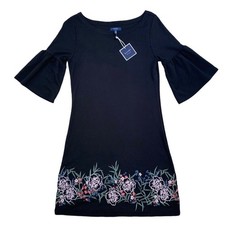 KAARI blue Dress Womens XS Black Santorini Bell Sleeve Embroidered Floral NWT